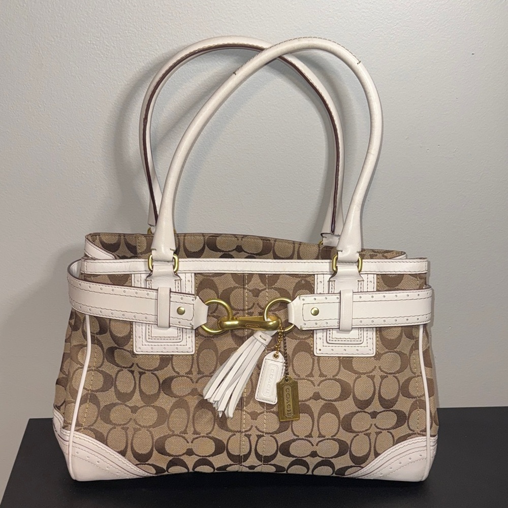Coach Brown and Cream Signature Shoulder Bag